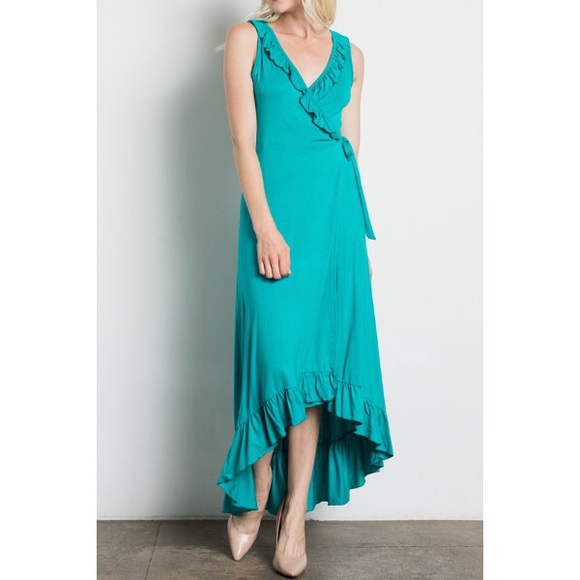 🎉CLEARANCE🎉 Jade Ruffled Hi-Low Wrap Midi Dress - Picture 2 of 4